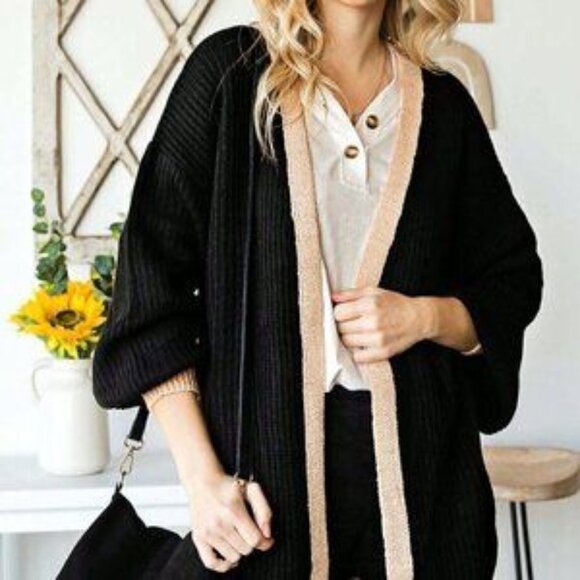 . Sweaters - Black Casual Womens Contrast Trim Drop Shoulder Open Front Cardigan
